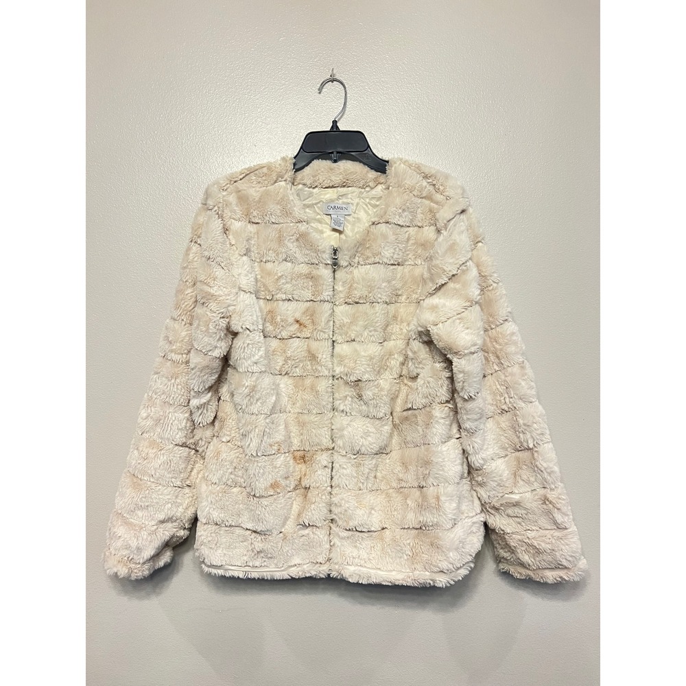 Carmen Marc Valvo Women Cream Beige Faux Fur Tiered Zip Up Jacket Large